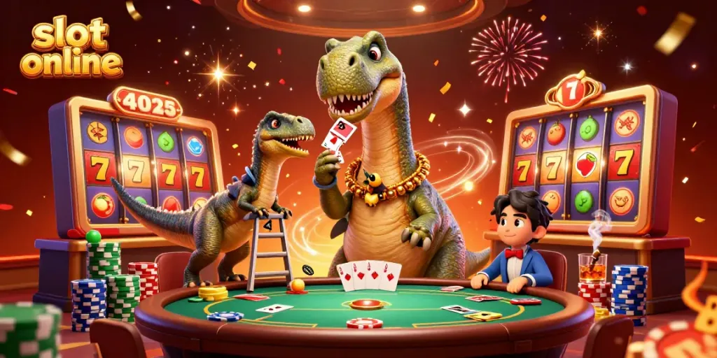 Experience the thrilling atmosphere of slot online gaming with a lively illustration of a brontosaurus in a casino environment.