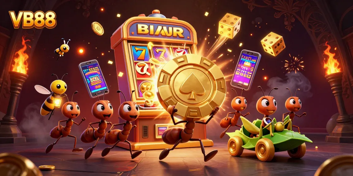 VB88 ants heist scene with a golden poker chip, surrounded by casino game symbols.