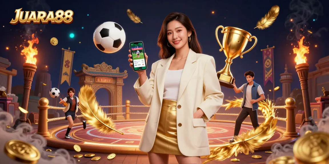 Engage with JUARA88's immersive sports betting scene featuring a friendly Asian woman showcasing a betting app.