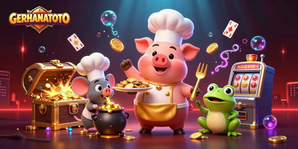 Menangkan hadiah di GERHANATOTO dengan pelayan chef babi dan simbol jackpot bersinar.