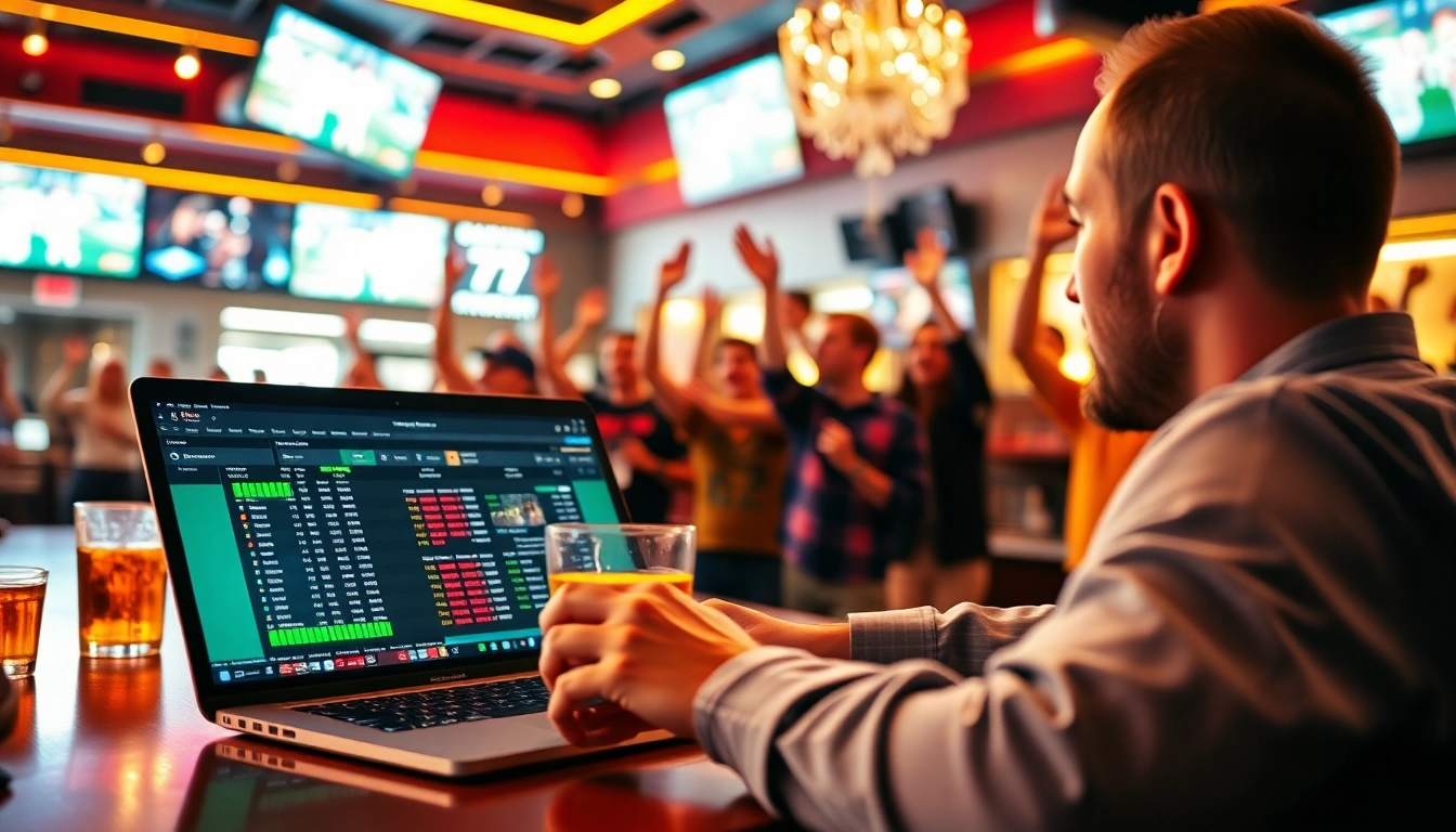 Engaging scene of online Betting with a professional analyzing live odds in a sports bar.