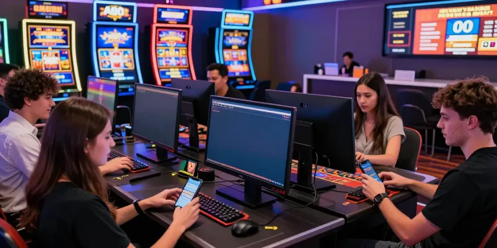 Energetic gaming session at A80 online casino with diverse players celebrating wins.