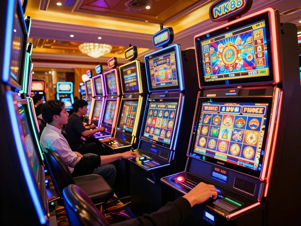 Engaged player about to win at Nk88 chính thức slot machines in vibrant casino atmosphere