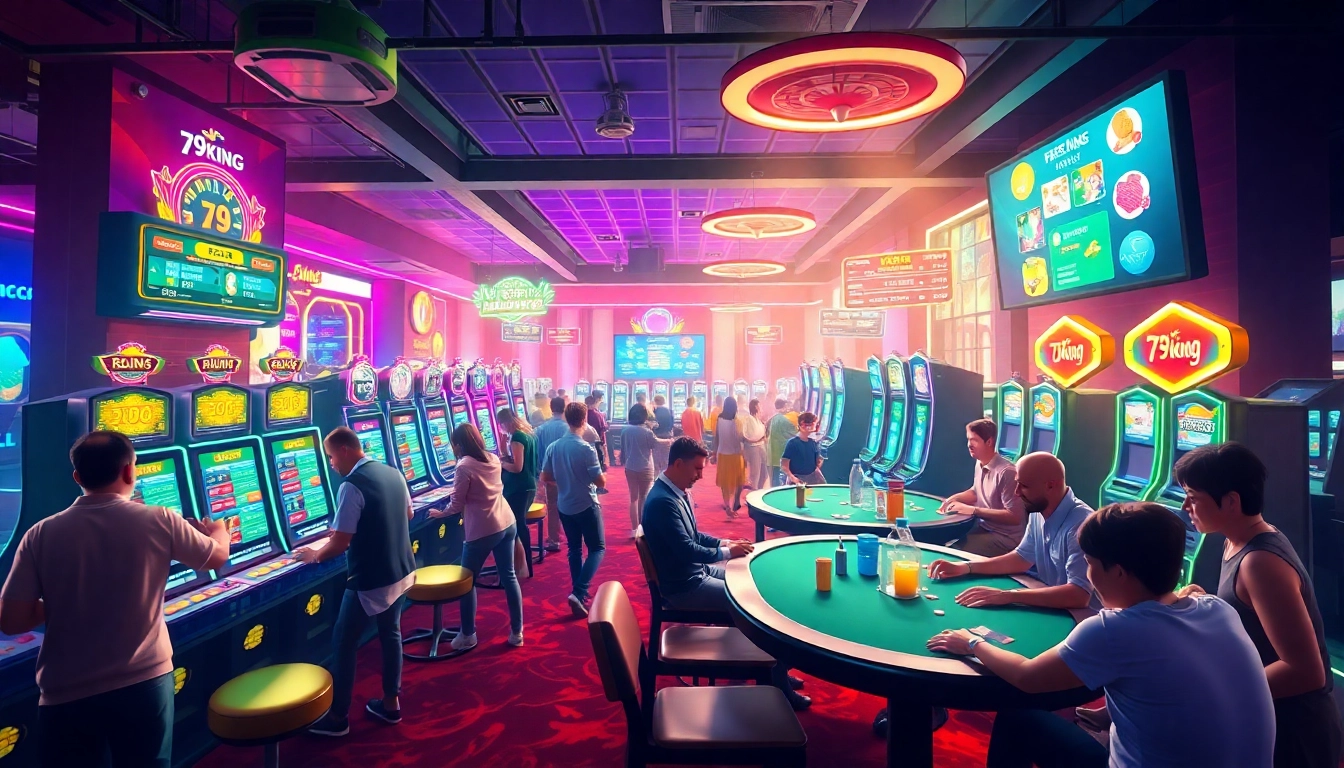 Escena de casino vibrante de apuestas en línea de 79king con juegos dinámicos y jugadores emocionados.
