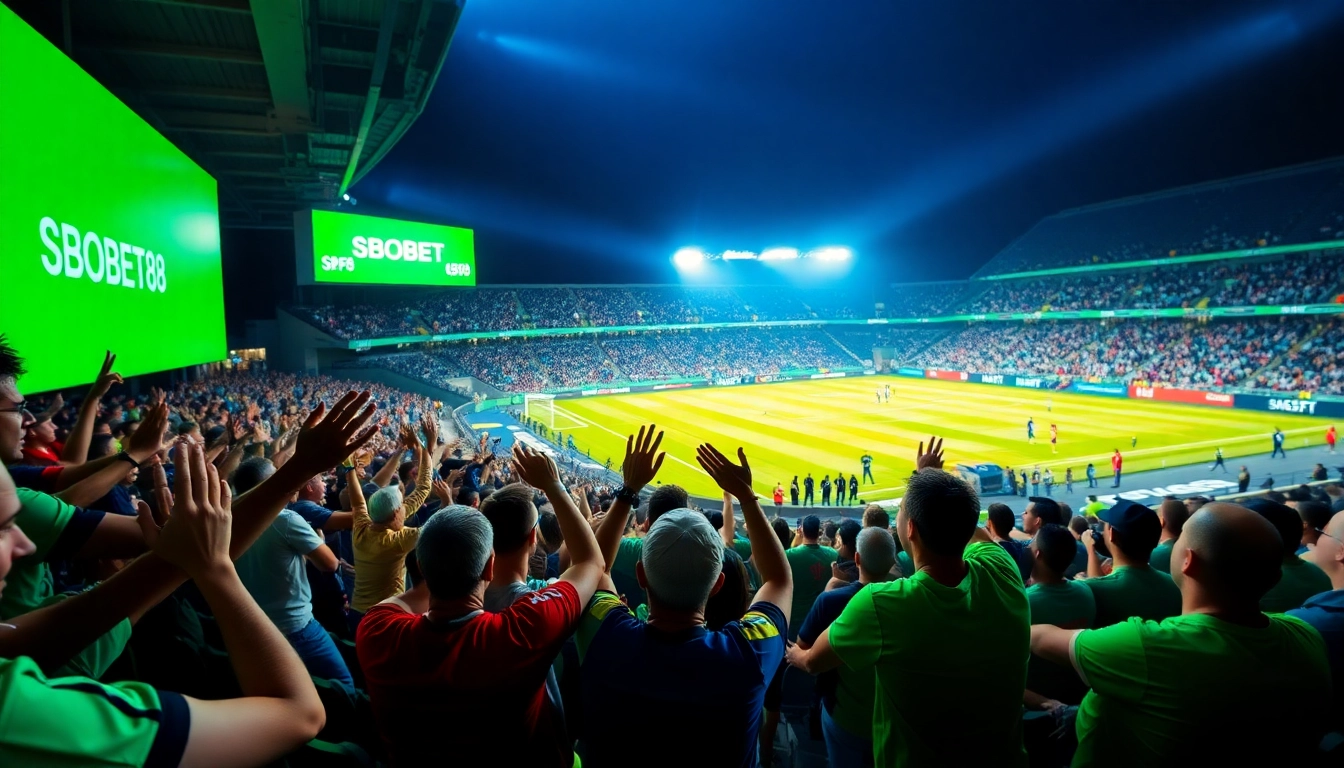 Taruhan olahraga SBOBET88 dengan suasana stadion yang meriah dan penonton antusias.