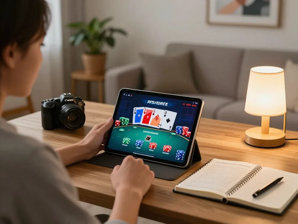 Gamble smartly with GG88 by playing poker in a cozy online setup showcasing strategy notes and an engaging interface.