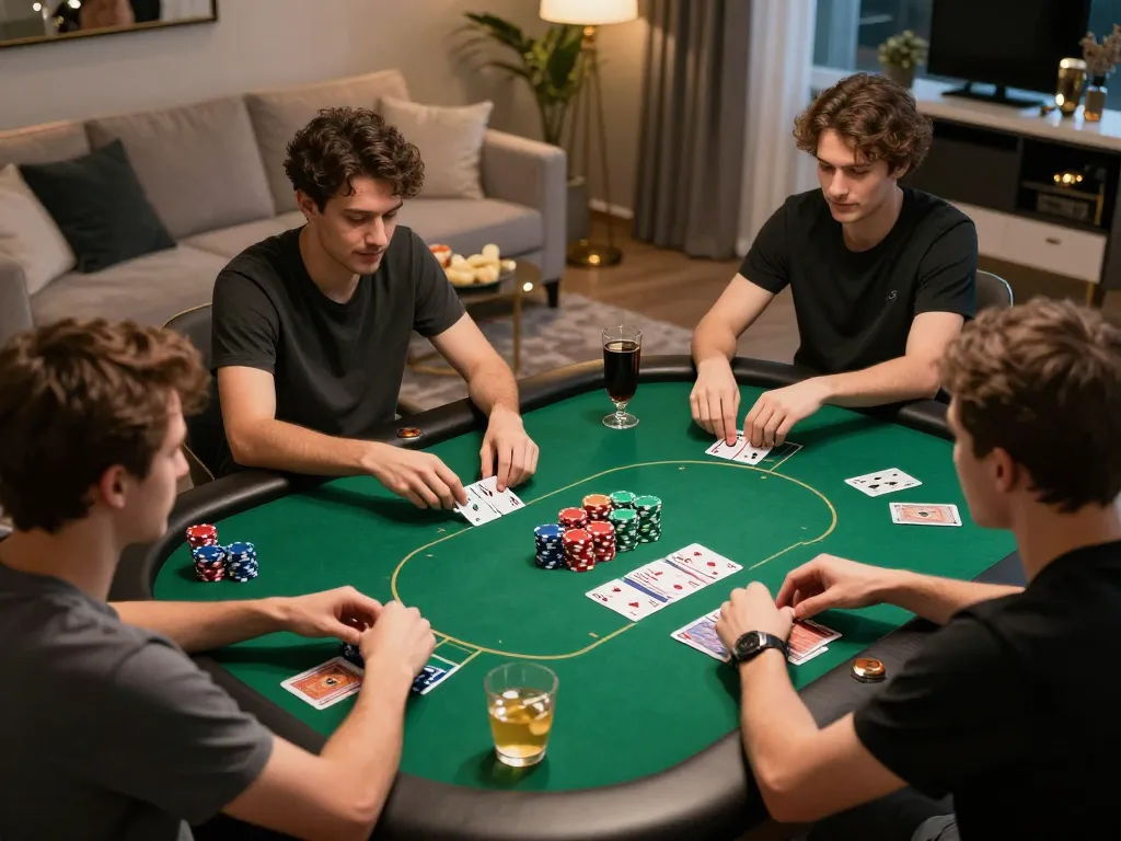 situs bandar togel singapore hongkong menampilkan malam poker di rumah yang meriah dengan teman-teman yang fokus pada strategi permainan dan kegembiraan.