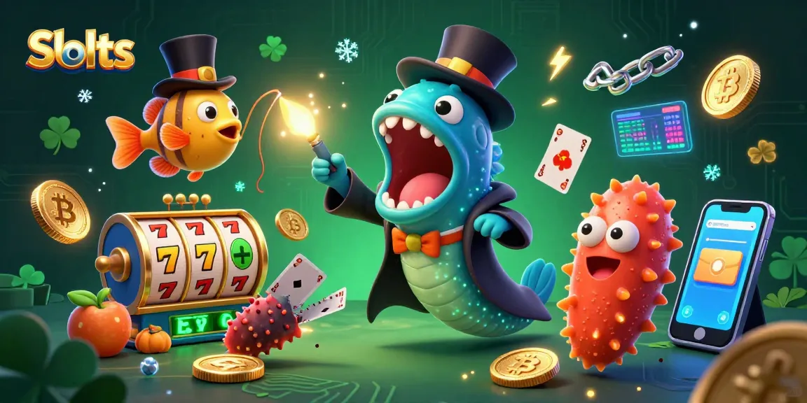 Experience the thrills of Slots with a vibrant cartoon scene featuring playful characters and jackpot elements.