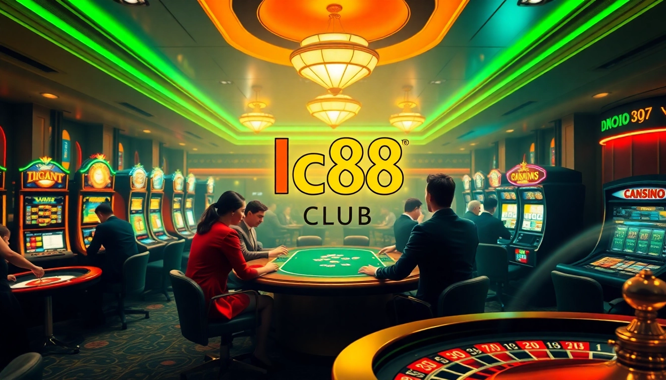 Exciting lc88 club casino environment showcasing players at poker, slots, and roulette.
