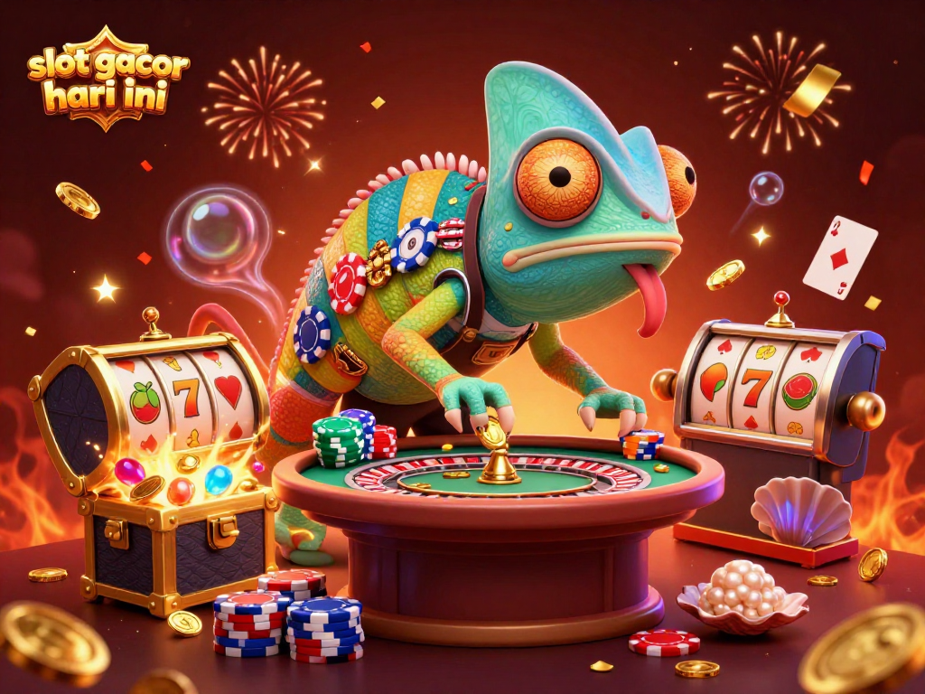 Engage in the excitement of "slot gacor hari ini" with a vibrant casino scene featuring a chameleon owner and dynamic elements.
