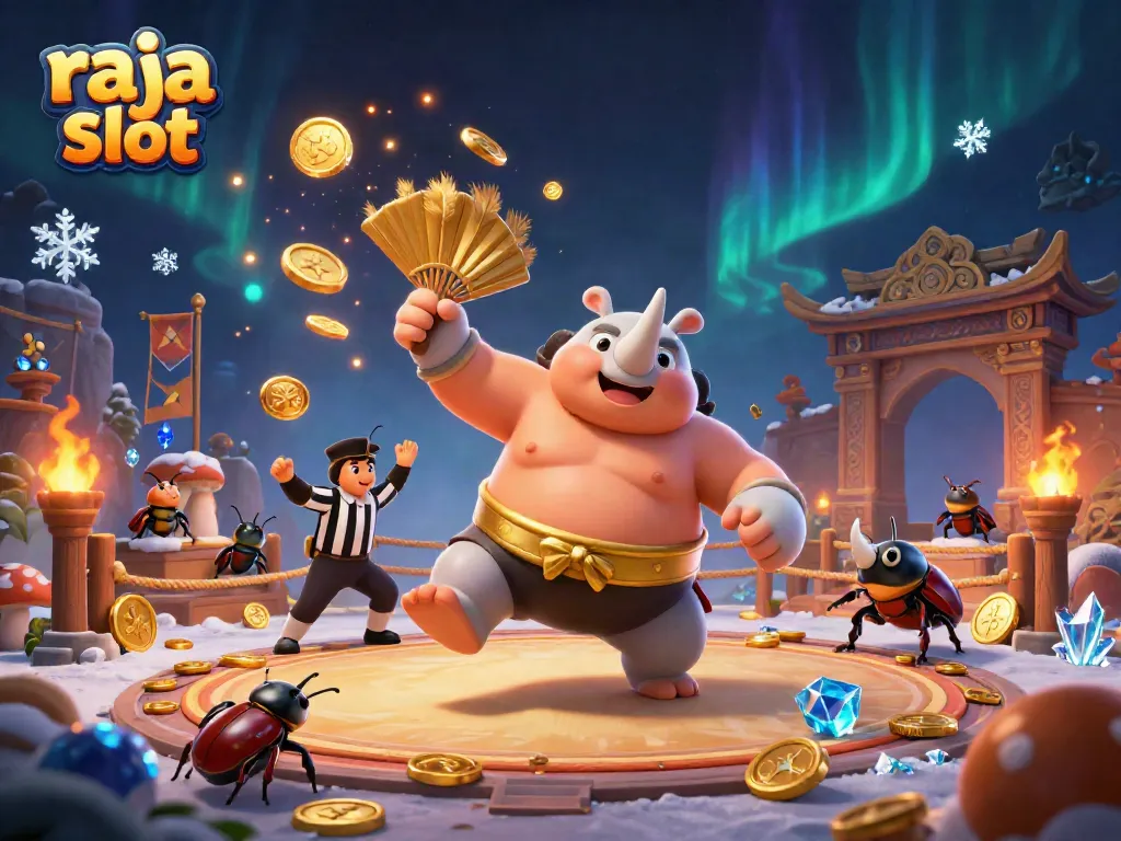 Raja slot menampilkan kejuaraan dengan bug badak 3D di arena, mengeluarkan koin emas.