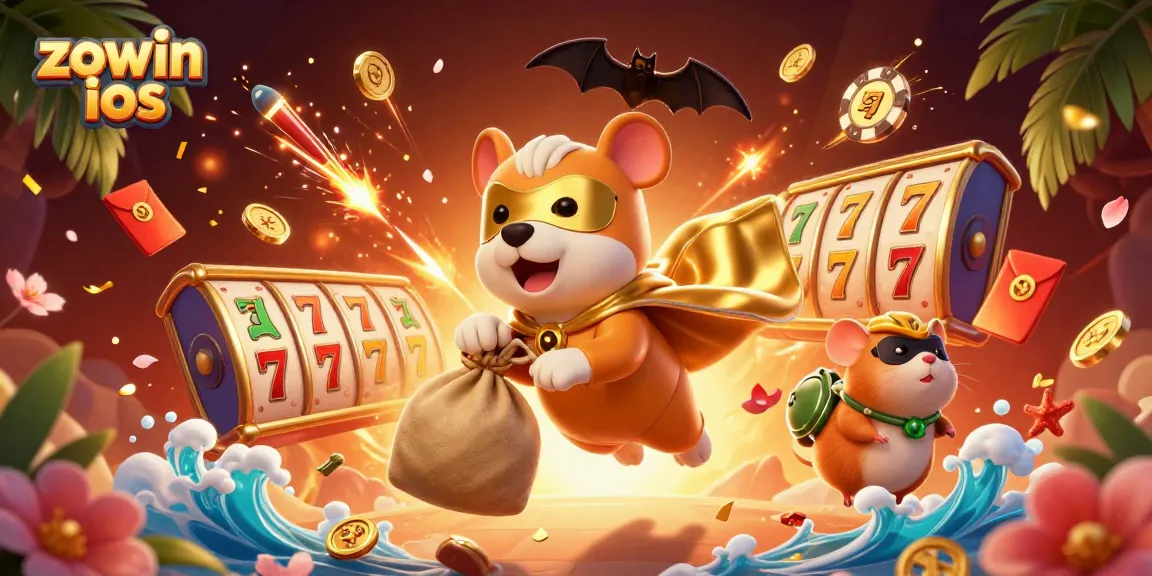 Experience the thrill of winning with Zowin ios, featuring a dynamic 3D cartoon scene of a superhero dog and hamster.