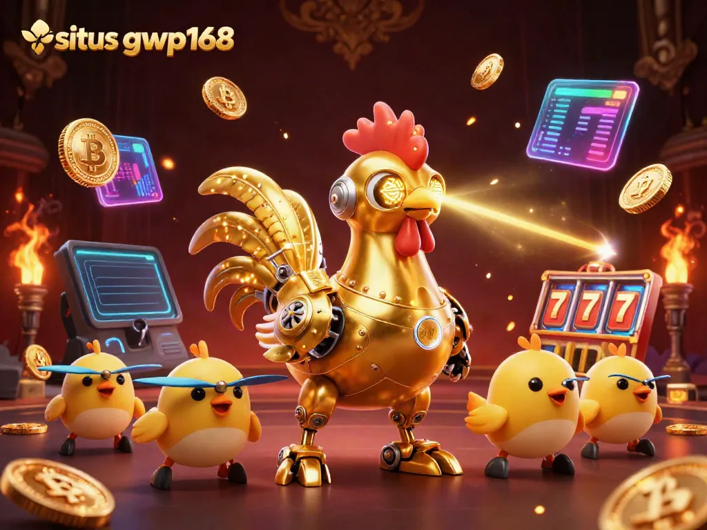 Gambarkan situs gwp168 dengan robot ayam emas futuristik dan melakukan permainan slot gacor.