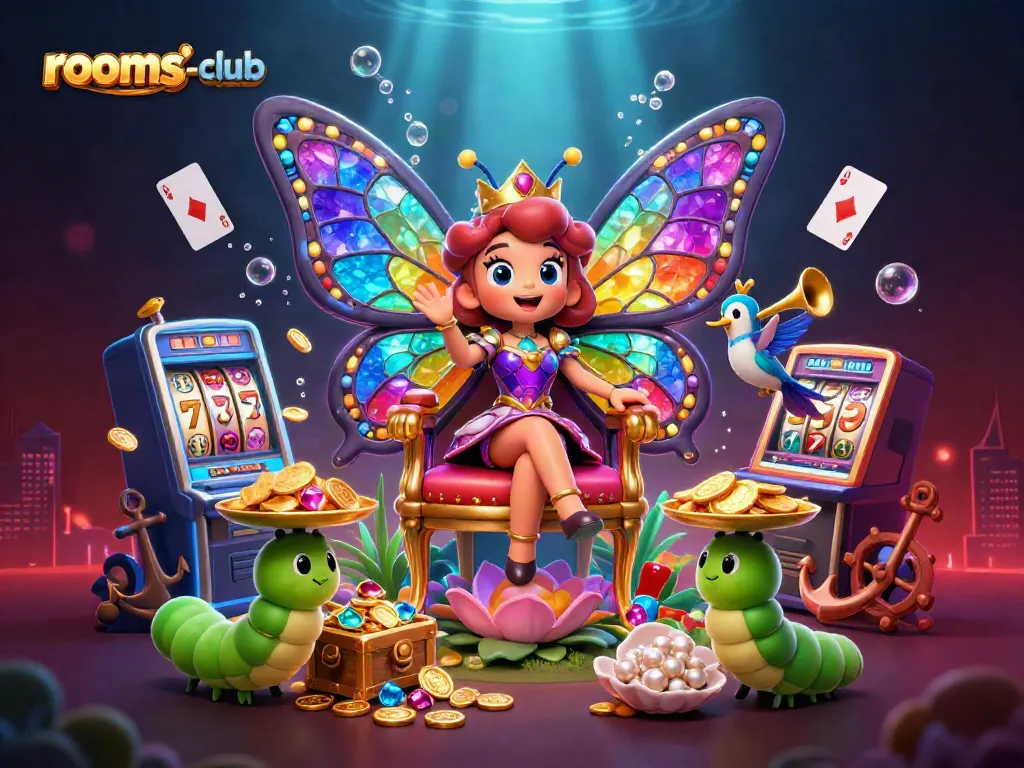 Gambarkan permainan slot online dengan elemen raja kupu-kupu di rooms-club yang kaya warna dan aksi.