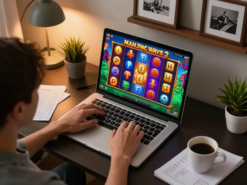 Suspenseful online gaming moment at situs slot mahjong featuring colorful Mahjong Ways 2 slot game graphics.