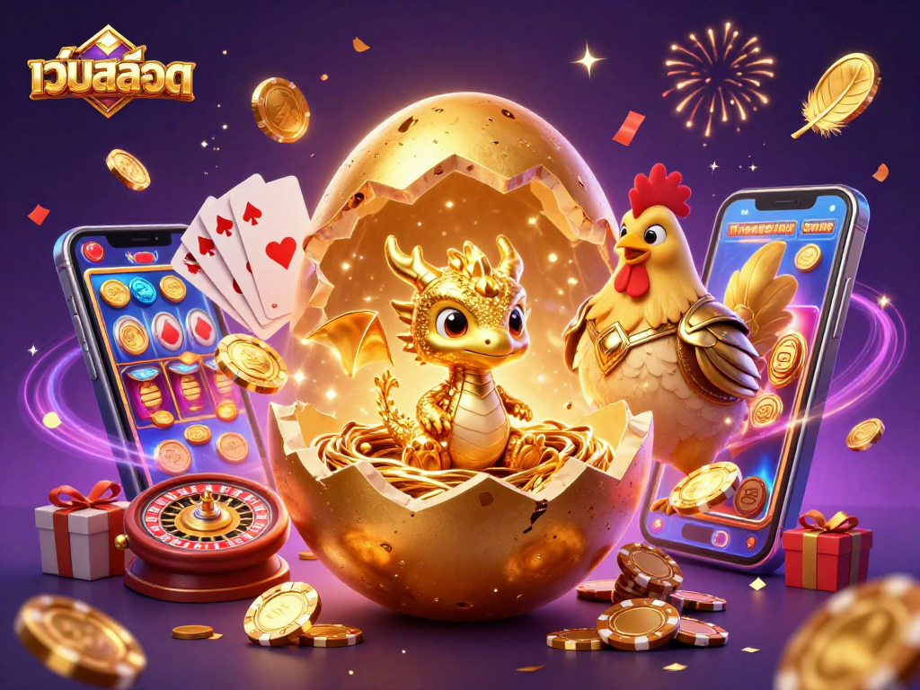 Engage with เว็บสล็อต and witness a golden dragon emerging from a vibrant casino scene filled with lively elements.