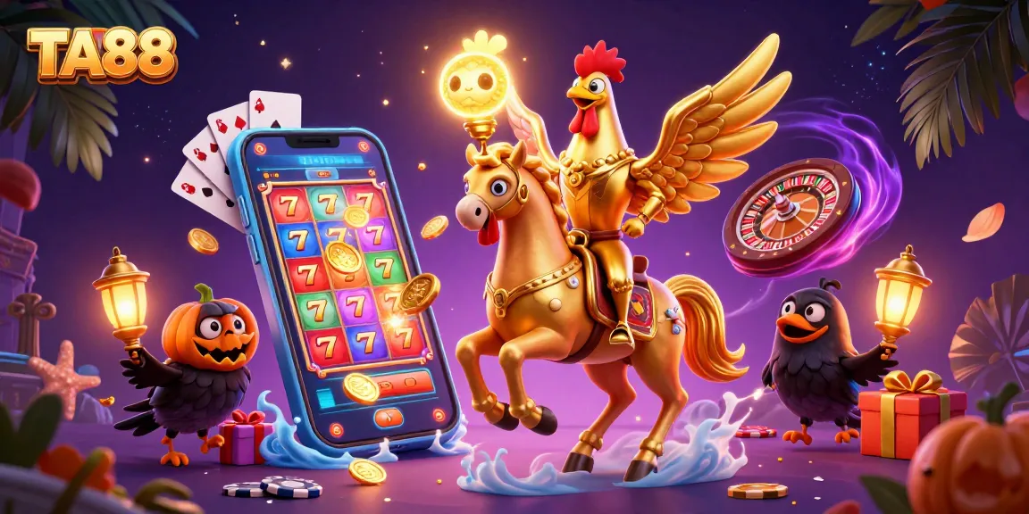 Experience TA88's thrilling casino adventure featuring a golden rooster, slot games, and a surreal landscape.