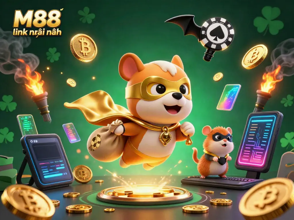 Hình ảnh M88 link mới nhất với chó siêu anh hùng mang tiền vàng và hamster đồng hành trong không gian casino.