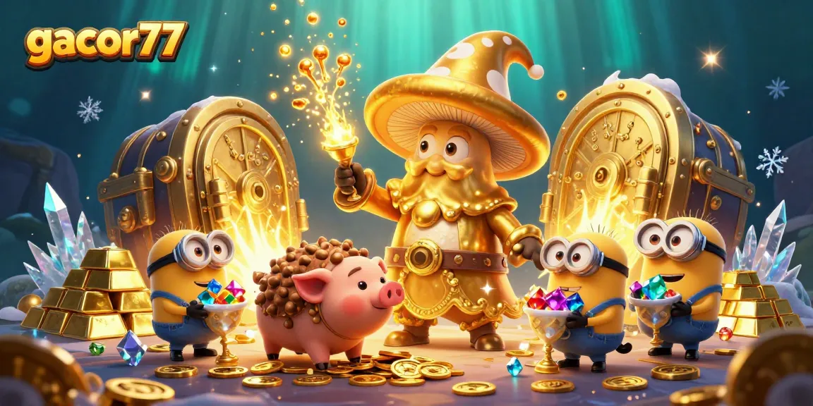 Mainkan game gacor77 dengan slot dan harta karun bertaburan dalam ilustrasi menarik.