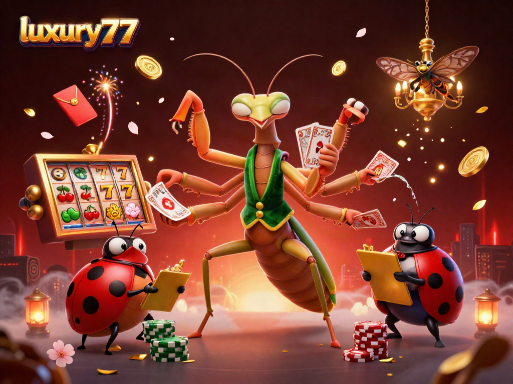 Luxury777 menampilkan slot dengan karakter 3D unik dalam suasana kasino yang meriah.