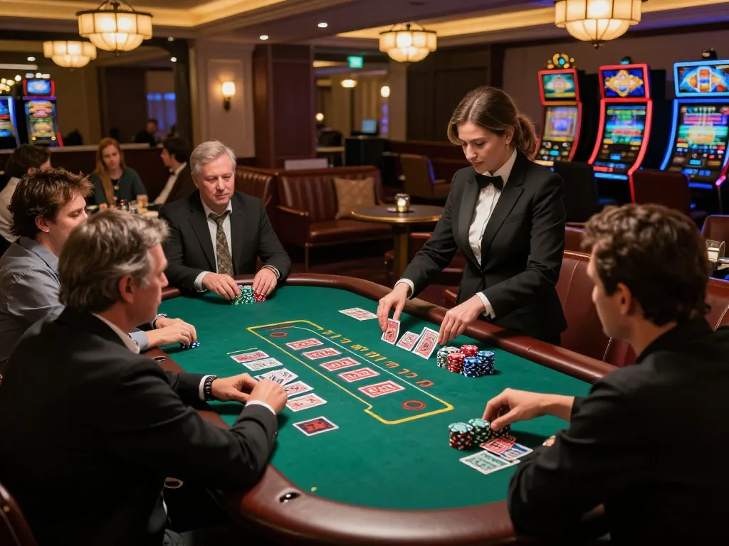 Experience thrilling gameplay at 388bet blackjack table with engaged players and vibrant casino atmosphere.