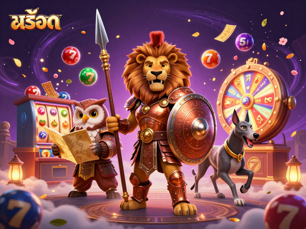 Experience สล็อต thrills with dynamic lottery balls, a brave Spartan lion, and vibrant gaming elements.