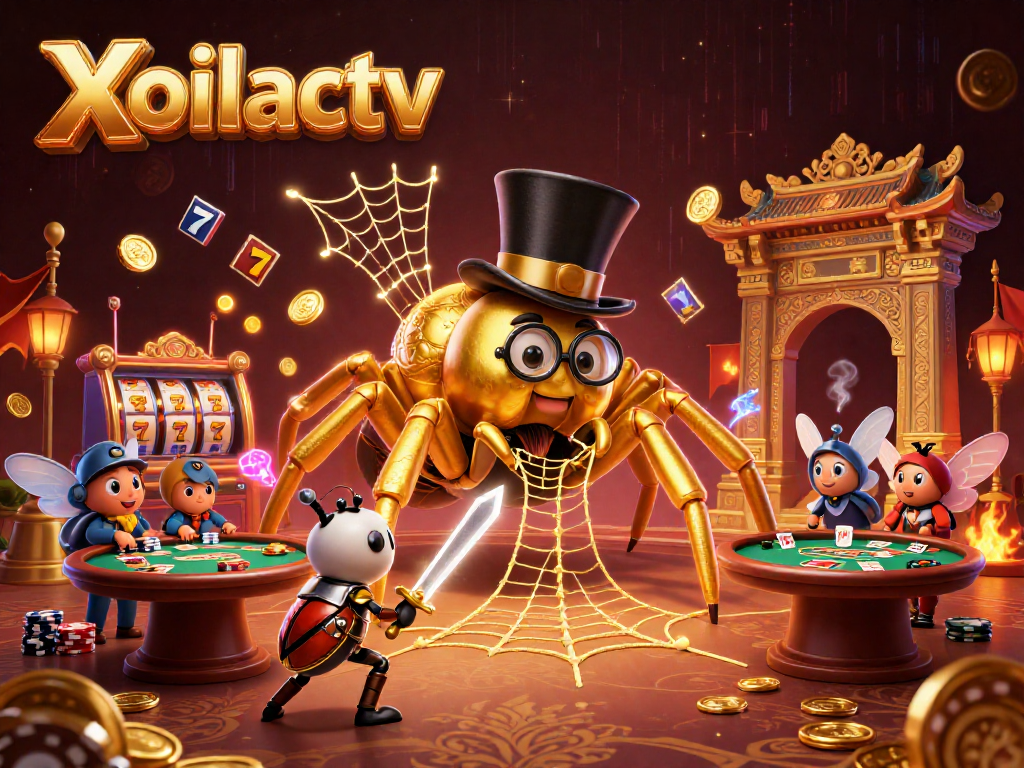 Xoilactv features a golden tarantula and beetle knight amidst casino symbols and dynamic gaming action.