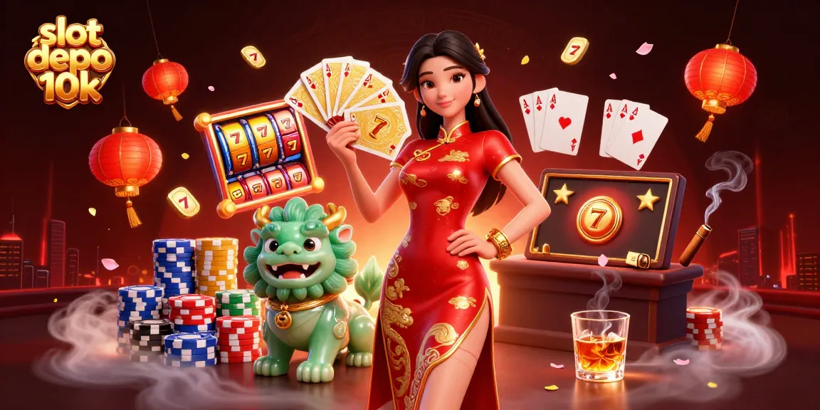 Spin to win at slot depo 10k, featuring vibrant slot reels and festive elements, enticing gamblers.