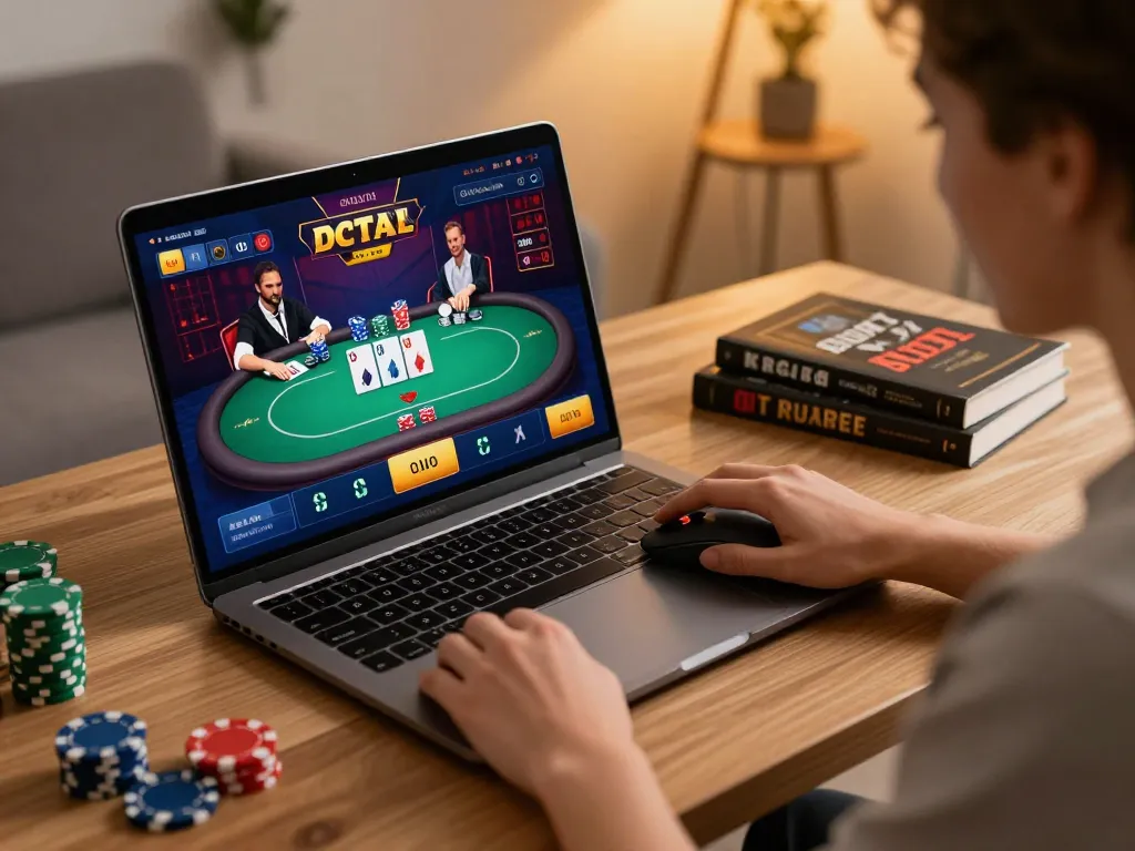 CasinoAtlas shows a player engaged in online poker strategy at home, illustrating responsible gambling practices.