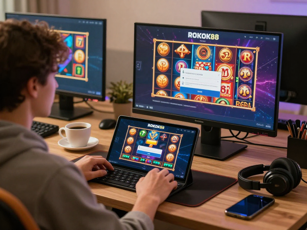Exciting ROKOK88 login experience with player engaging in vibrant online gaming setup