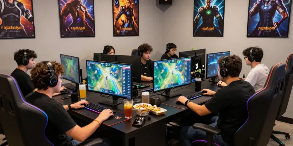 Permainan rajatogel dalam suasana ramai dengan gamer terfokus di layar, suasana menyenangkan di lounge gaming.