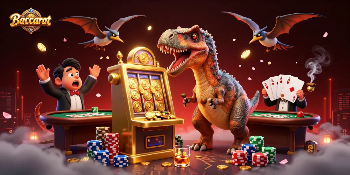 Baccarat excitement illustrated through cartoon dinosaurs interacting with casino elements and jackpot coins.