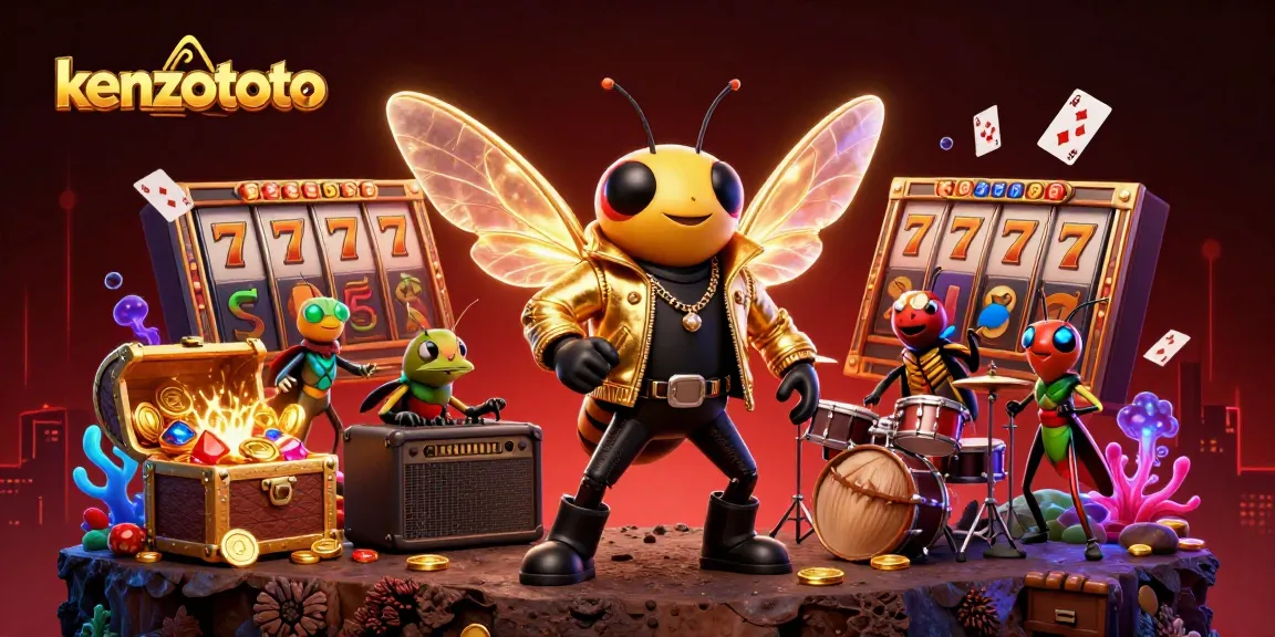 Play slot games with kenzototo featuring a lively rock star cicada surrounded by vibrant decorations.