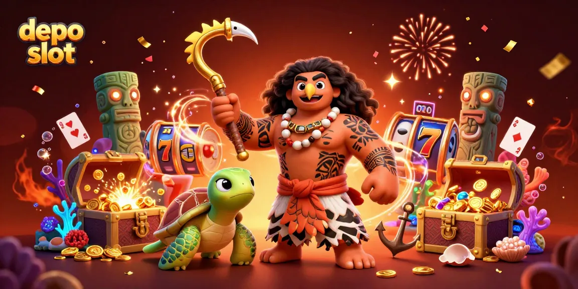 Engage with depo slot gameplay featuring a demigod hawk and turtle in a vibrant casino scene.
