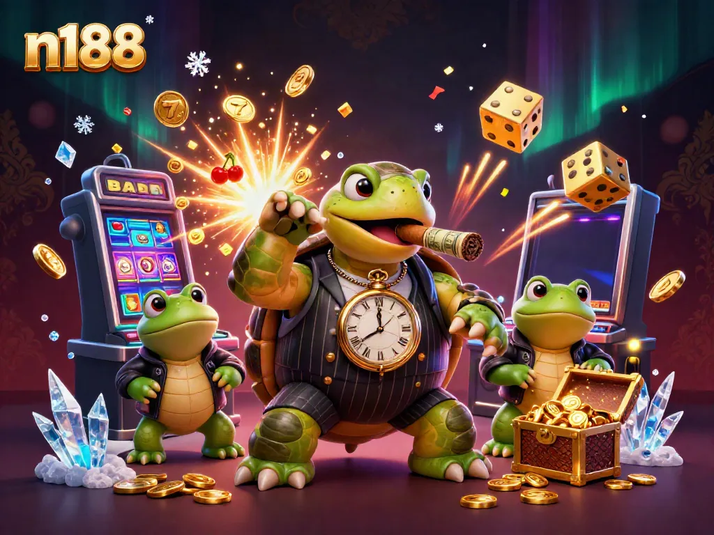 N188 jackpot explosion scene with a snapping turtle mobster and bullfrog enforcers in a lively casino.