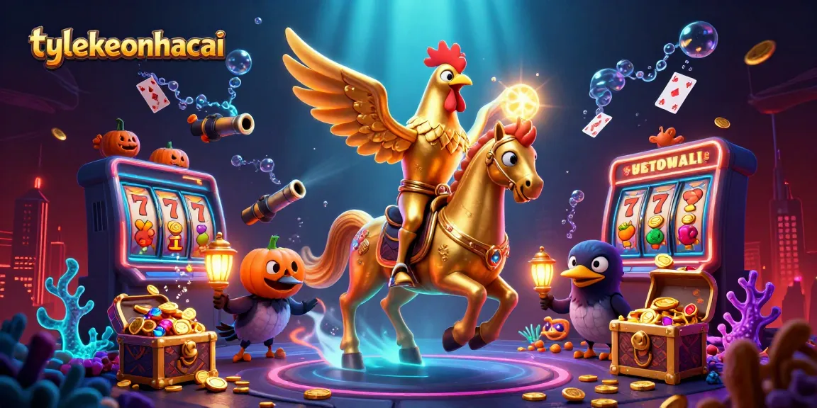 Experience the lively atmosphere of tylekeonhacai as a golden rooster rides through a vibrant casino scene filled with treasures.