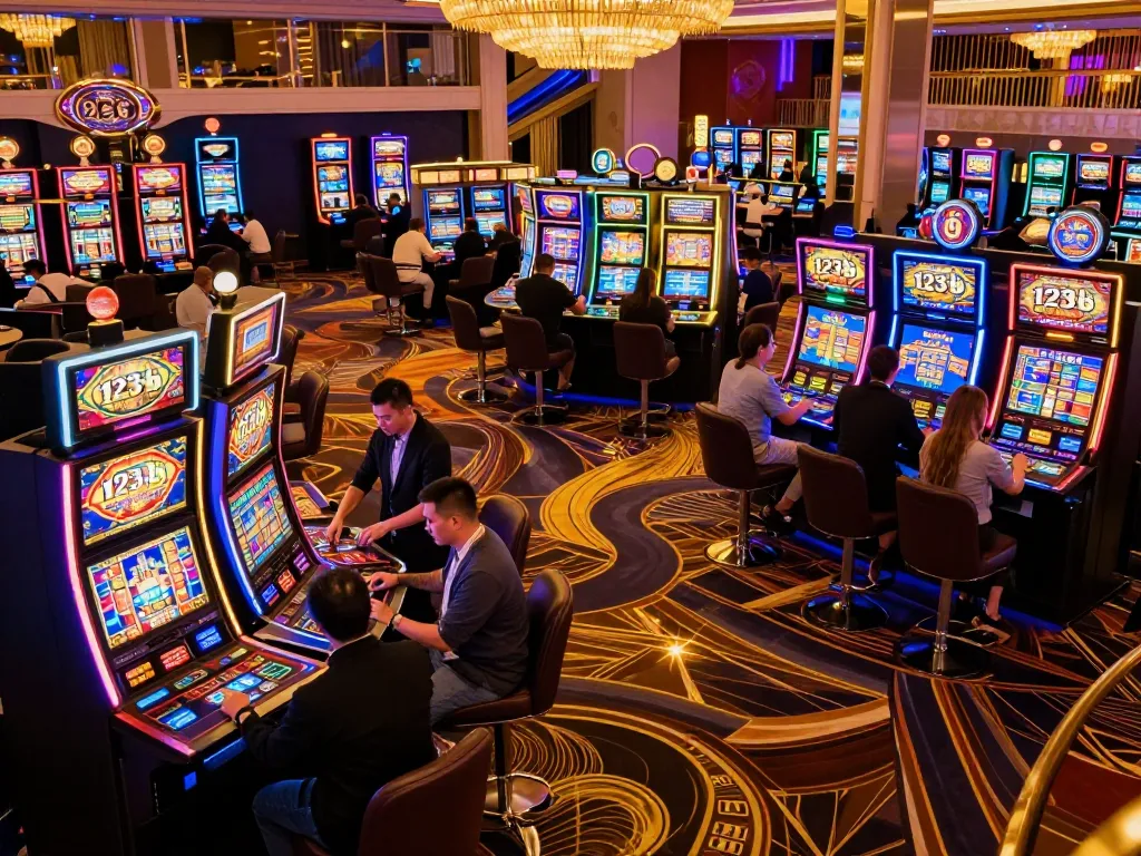 Players enjoying the vibrant ambiance of 123b casino with engaging slot machines and active dealers.