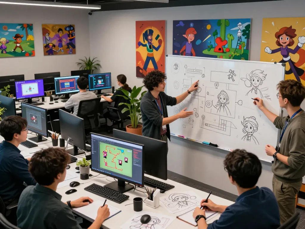 Developers collaborating on free porn games in a creative studio, showcasing game designs and artwork.