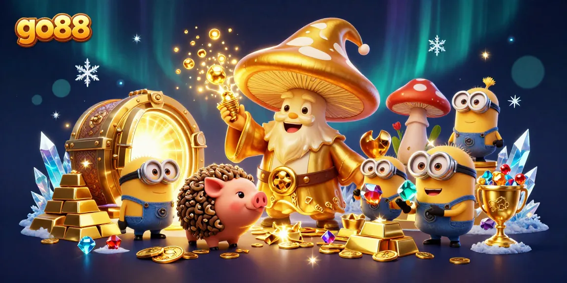 Experience the magic of go88 with a golden wizard conjuring treasures in an enchanting casino scene.