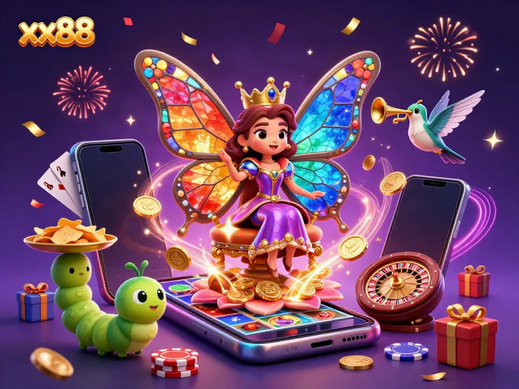 Engage with the vibrant world of xx88, featuring a butterfly queen and casino elements in a stunning 3D illustration.