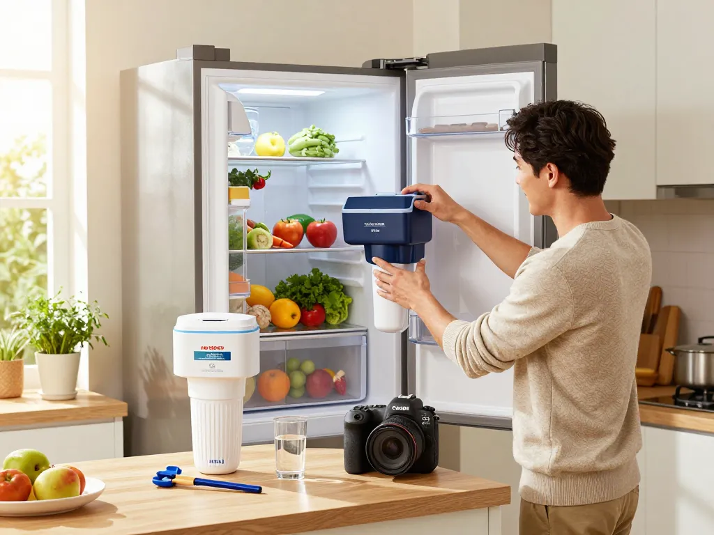 AQUA CREST 12033030 Replacement for Bosch® UltraClarity® Pro BORPLFTR50 being installed in a bright kitchen, showcasing clean drinking water.