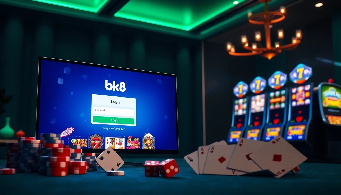 Engaging bk8 login interface amidst poker chips and casino elements.