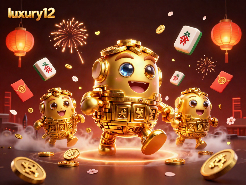luxury12 menampilkan golem emas bermain permainan kasino dengan simbol slot mengelilinginya.