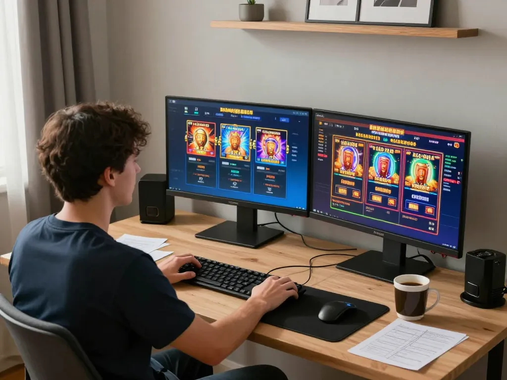 Player exploring thrilling online slot games at home on snk88 platform with vibrant visuals