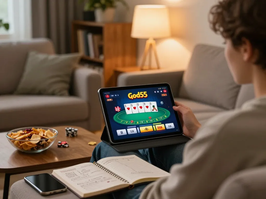 Enjoy playing poker on God55 with a cozy home ambiance and gaming strategy notes.