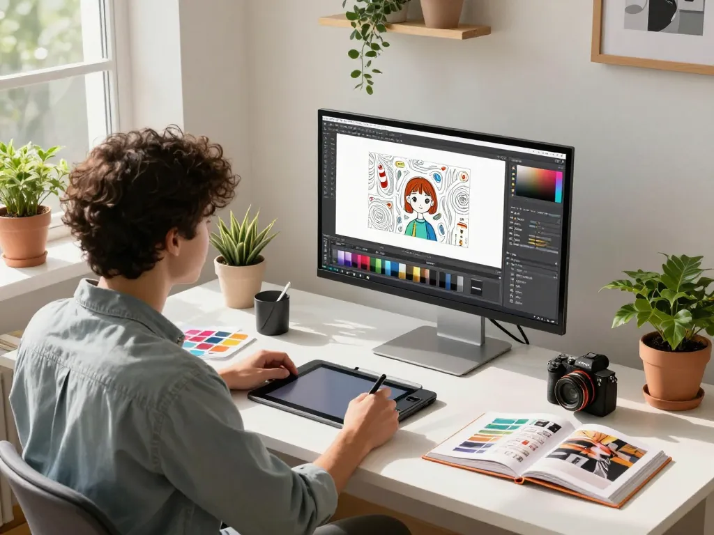 Digital artist using Nano Banana 2 in a creative workspace, showcasing vibrant AI image editing.