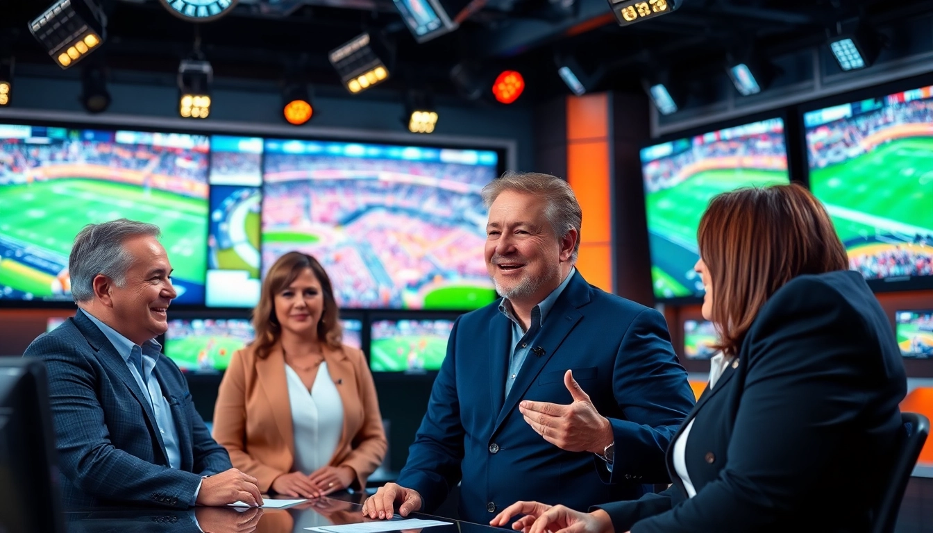 Engaging sports broadcasting hosts discussing live events in a vibrant studio atmosphere.