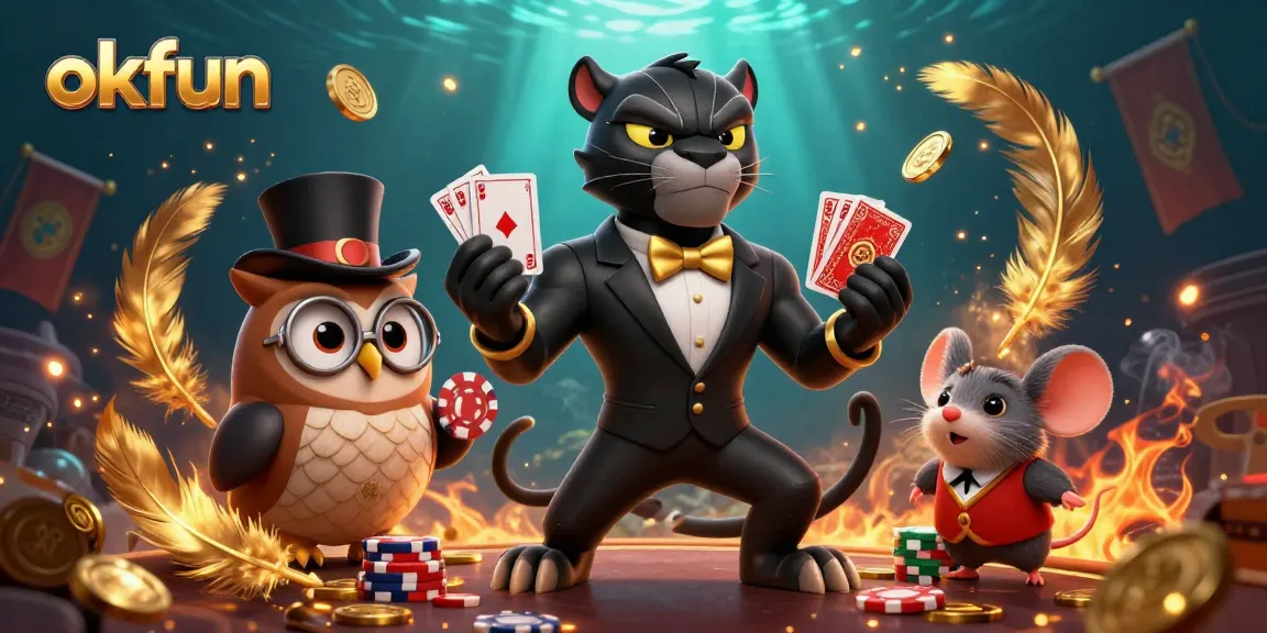 Engage with okfun's thrilling gambling scene featuring a stylish panda dealing cards amidst coins and flames.