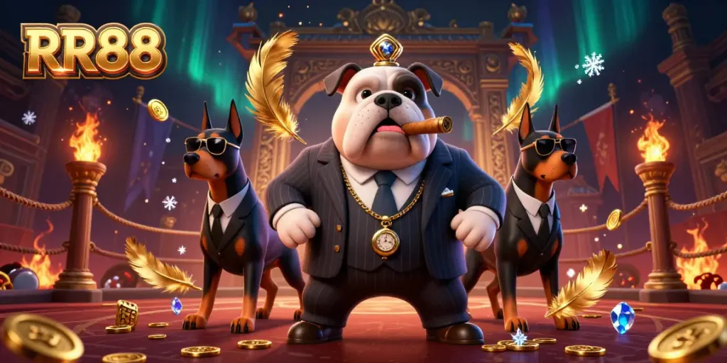 Bet and win with RR88 in a vibrant 3D casino illustration featuring a bulldog mafia boss.