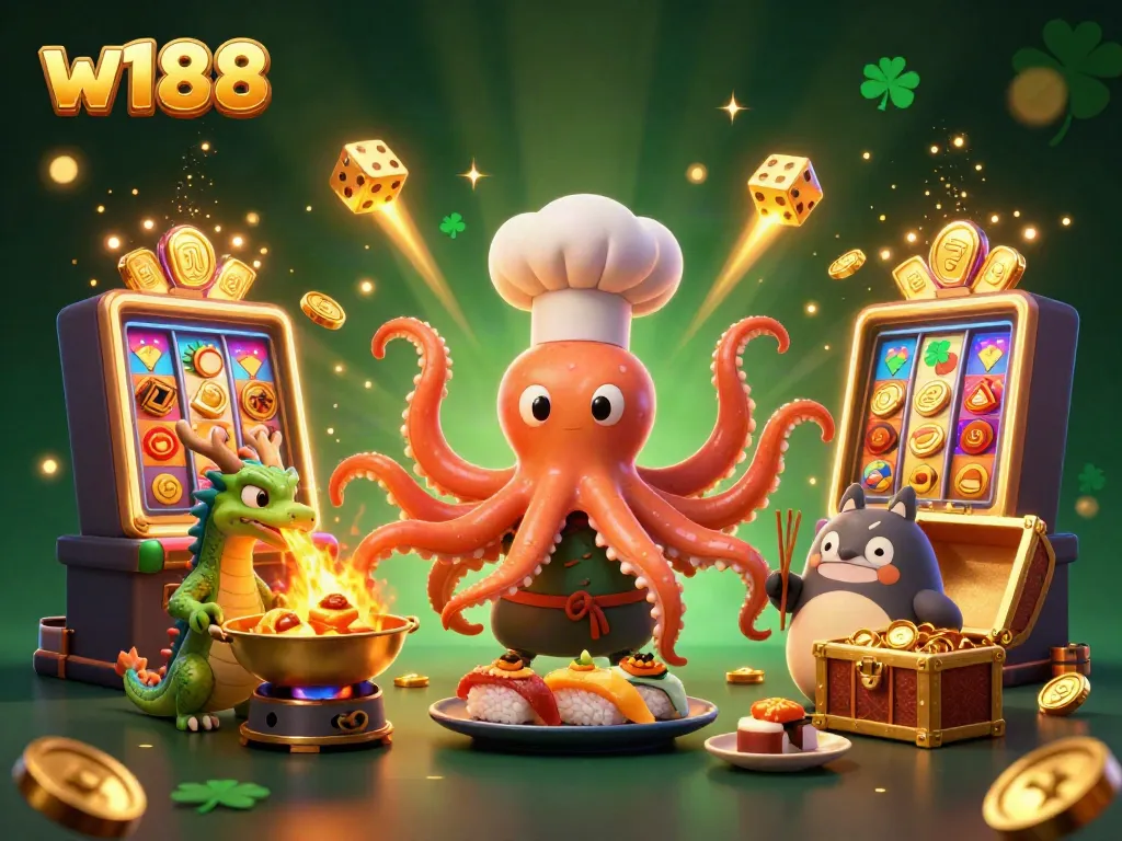 Engage with the excitement of w188 in a vibrant casino scene with a sushi octopus chef, lucky symbols, and gold!